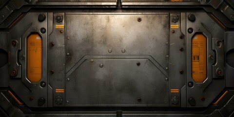 A metal door with a metal panel and a metal frame. Generative AI.