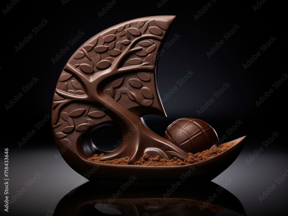 Poster a chocolate sculpture of a tree with a ball in it. generative ai.