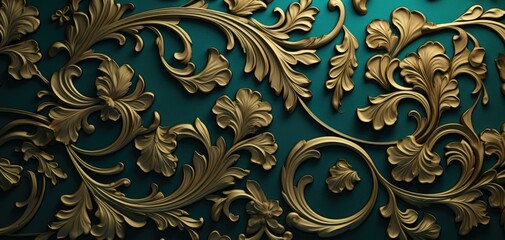 Golden floral pattern on a green background. Generative AI.