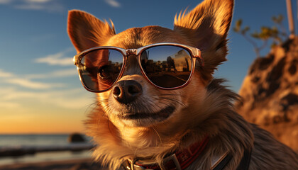 Cute dog wearing sunglasses enjoys summer outdoors, purebred and mixed breed generated by AI