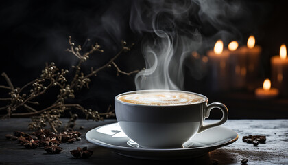 Fototapeta premium A hot cappuccino on a wooden table, steam rising elegantly generated by AI