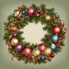 Fototapeta na wymiar Festive Christmas Wreath with Ornaments, Ribbons and Decorations 