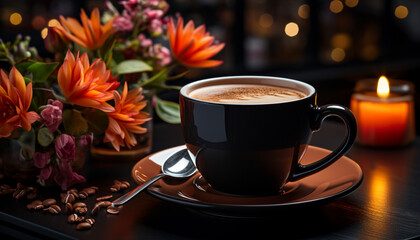 Aromatherapy coffee, hot drink, relaxation, comfort, elegance, freshness, still life generated by AI