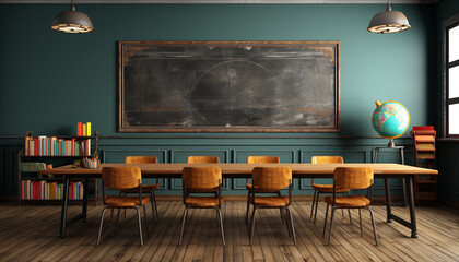 Learning in a modern classroom with wooden desks and blackboard generated by AI