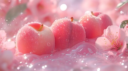 Delicious peach and bright pink flowers: A heartwarming combination of peach and flowers in milk.