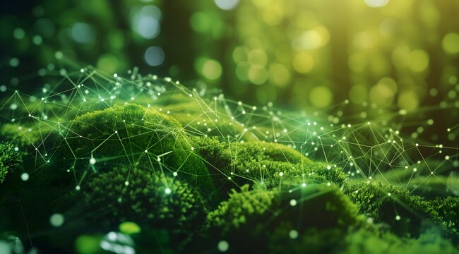 Nature coupled with technology, green and moss forest, technology on a global network