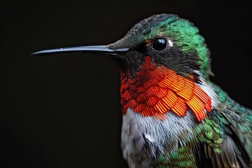 Portrait Macro Ruby Throated Hummingbird isolated on black AI Generative