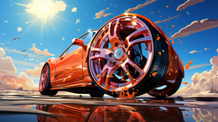 Classic Car Wheel: Vintage Alloy Rim with Shiny Red Tire in Abstract Object Film Reel, generative AI