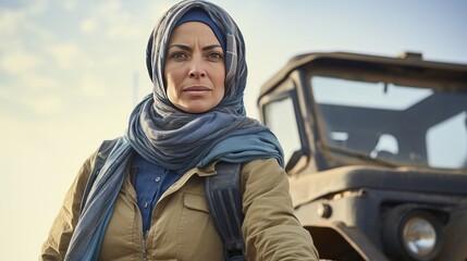 Muslim middle age female farmer standing next to the tractor