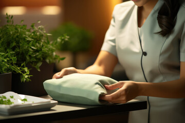 Housekeeping staff placing a mint on a neatly made pillow, adding a touch of elegance to the well-prepared room. Concept of thoughtful room amenities. Generative Ai.