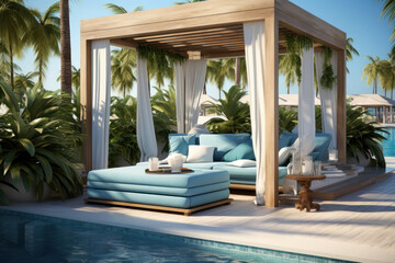 Poolside cabanas with plush loungers and refreshing beverages, creating a luxurious environment for relaxation. Concept of upscale pool amenities. Generative Ai.