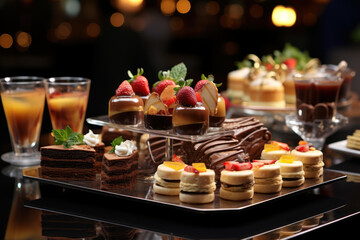 A dessert buffet display at a hotel event, featuring an array of decadent sweets for guests to enjoy. Concept of indulgent culinary offerings. Generative Ai.