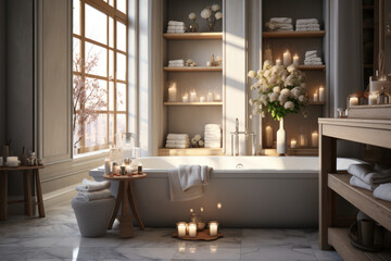 A luxurious bathroom with a deep soaking tub, plush robes, and premium toiletries, providing a spa-like experience. Concept of opulent bathing amenities. Generative Ai.