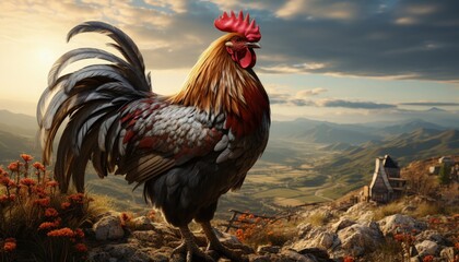 A rooster in the countryside