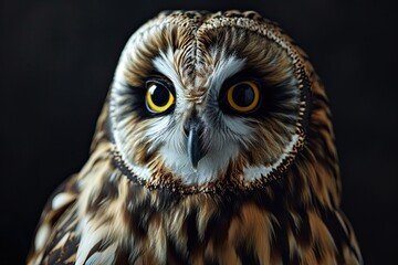 Front view Short-eared Owl on black background AI Generative