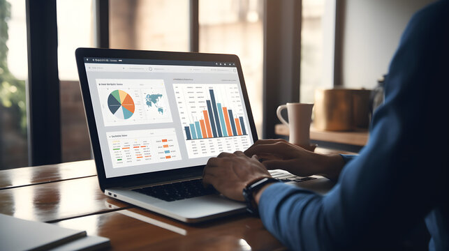 Analyst uses a laptop Showing business analytics dashboard with charts, metrics, and KPI to analyze performance and create insight reports for operations management. Data analysis. sales, marketing