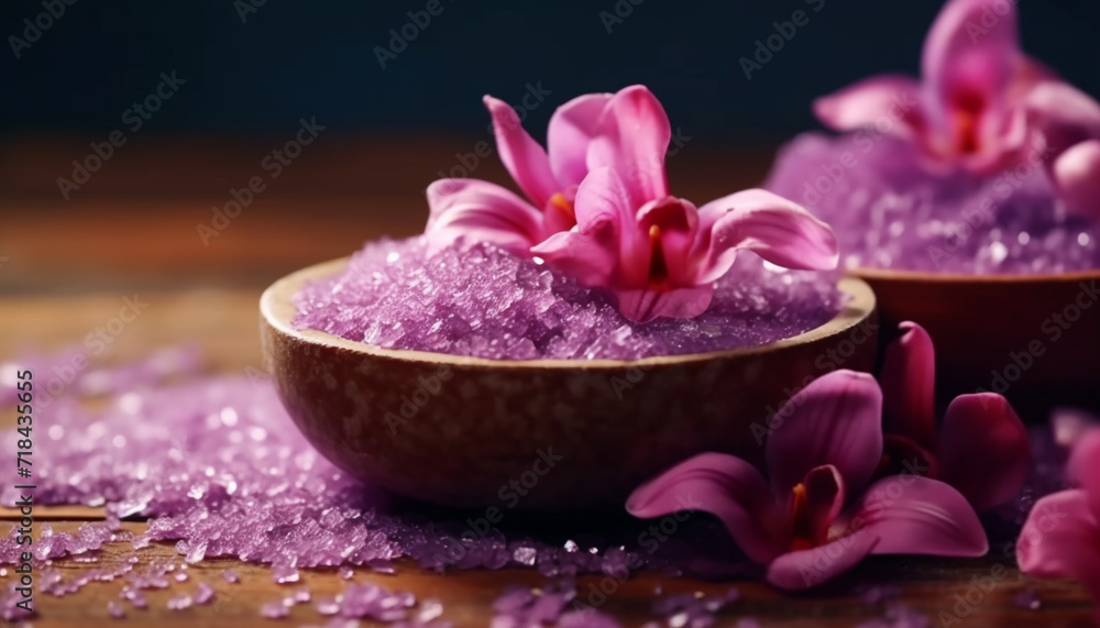 Poster Purple orchid in a bowl, petals wet, focus on foreground generated by AI