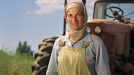 Muslim senior female farmer standing next to the tractor 