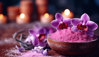 Obraz na płótnie Canvas Aromatherapy candle and orchid create a relaxing spa treatment ambiance generated by AI