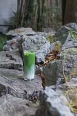 Iced Matcha green Tea latte on the rock with nature background. healthy Japanese drinks. Cold summer drink.