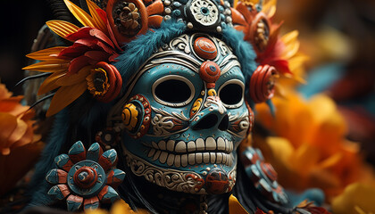 Obraz premium Indigenous culture celebrates spirituality through vibrant, multi colored traditional festival masks generated by AI