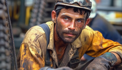 Obraz premium Confident Caucasian construction worker in hardhat, looking at camera generated by AI