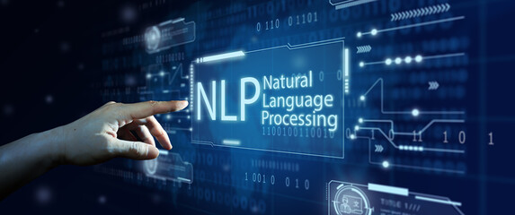 Hand of Businessman touching hologram screen with world map background. NLP Natural Language...