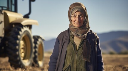 Muslim senior female farmer standing next to the tractor 