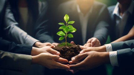 Environmental cooperation. Unity of businesspeople and community together protecting small sprout with hands. Future environmental conservation and sustainable ESG modernization development 