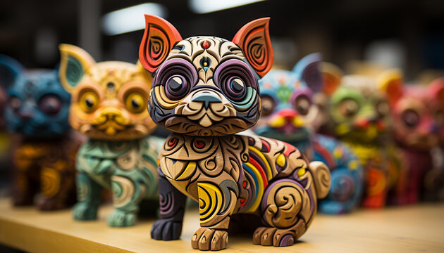 Colorful animal figurines in a wood craft store, perfect for decoration generated by AI