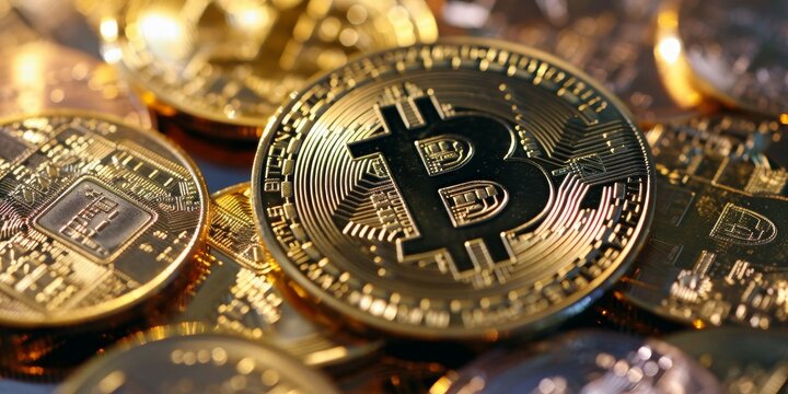 Bitcoins. Cryptocurrency background. Close-up of golden bitcoin coins.