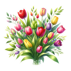 Obraz premium watercolor of tulip flower bouquet and greenery leaves clipart