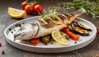 Grilled fish with vegetables and lemon.