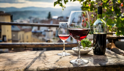 Glass of red wine dining at restaurant terrace blurred background