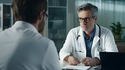 Naklejka na ściany i meble A professional physician in a white medical uniform talks to discuss results or symptoms and gives a recommendation to a male patient and signs a medical paper at an appointment visit in the clinic