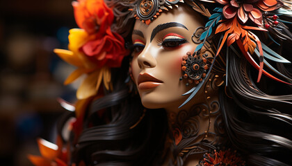 Beautiful young woman in traditional clothing, adorned with colorful flowers generated by AI