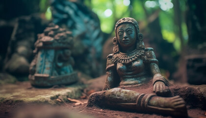 Ancient Hindu sculpture, a symbol of spirituality in abandoned ruins generated by AI