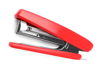 One red stapler isolated on white, top view