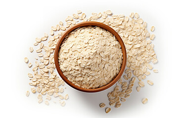 Top view of dry oat cereals in bowl on white background.