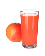 Tasty grapefruit juice in glass and fresh fruit isolated on white