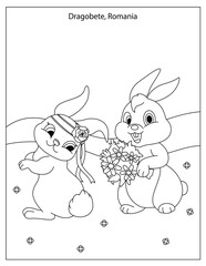 Dragobete Holiday Celebration  in Romania with cute rabbits coloring page for kids