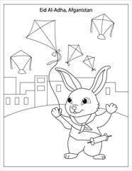 Eid Al-Adha Holiday Celebration in Afghanistan with cute rabbit flying kites coloring page for kids