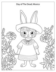 Day of the Dead Holiday Celebration in Mexico with cute rabbit coloring page for kids
