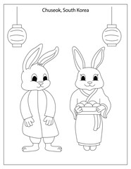 Chuseok Holiday Celebration in South Korea with cute rabbits coloring page for kids