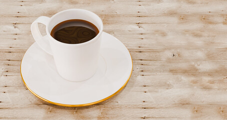 White cup with coffee on a plate on a wooden table, food and rest theme, 3d illustration