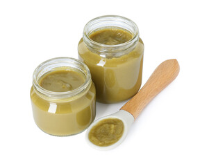 Tasty baby food in jars and spoon isolated on white