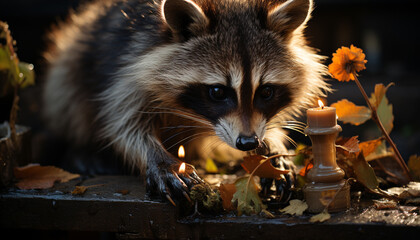 Cute small raccoon sitting in autumn forest generated by AI