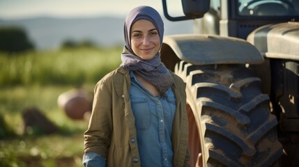 Fototapeta na wymiar Muslim young female farmer standing next to the tractor 