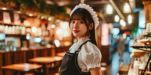 Obraz premium Portrait of asian japanese maid in uniform standing in restaurant