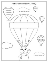 Hot Air Balloon Festival Celebration in Turkey with cute rabbit coloring page for kids